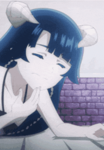 a girl with blue hair and horns is laying down