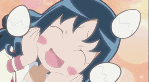 a cartoon girl with blue hair is smiling and holding her hands to her ears