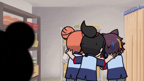 three cartoon characters are hugging in a room