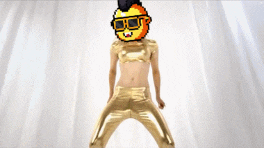 a pixelated image of a woman in gold pants with a cartoon face on her head