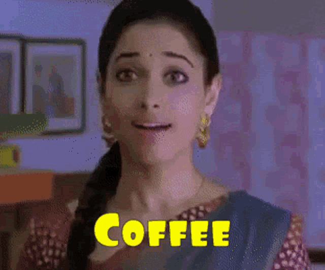 a woman with a surprised look on her face and the word coffee in yellow