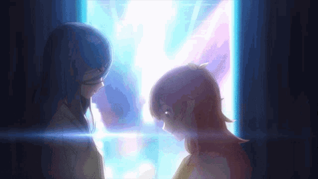 two anime girls are standing next to each other and looking at each other