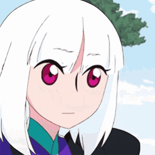 a close up of a cartoon character with white hair and pink eyes