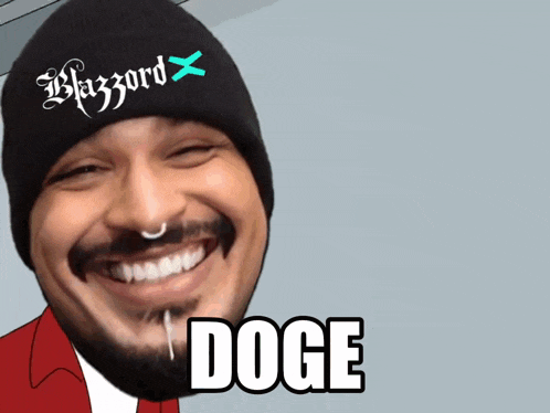 a man with a beard wearing a black beanie with the word blazzard on it