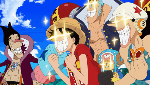 a group of cartoon characters with one wearing a straw hat that says b on it
