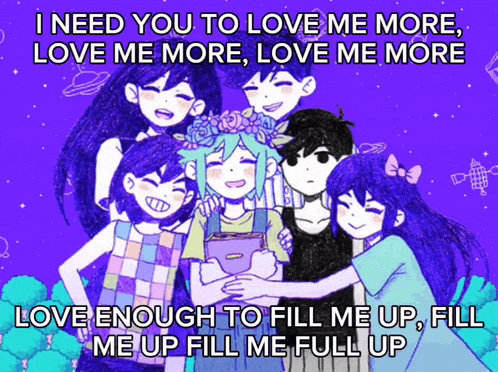 a group of anime characters are posing for a picture with the caption " i need you to love me more love me more "