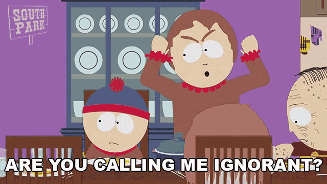 a south park cartoon shows stan and randy talking to a woman