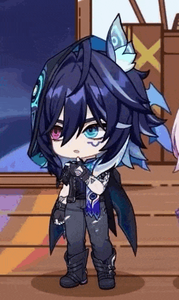 a cartoon character with long black hair and blue eyes