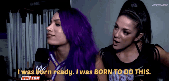 a woman with purple hair says " i was born ready i was born to do this wwe.com "
