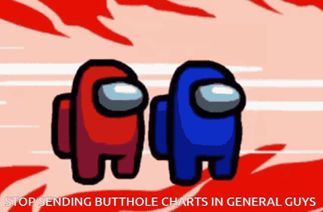 red and blue among us characters on a red background