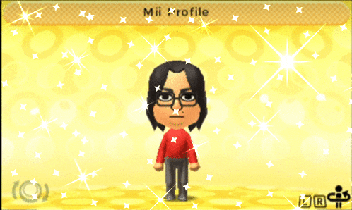 a video game character named mii profile is standing in front of a yellow background