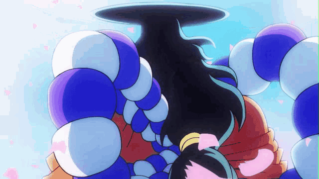a cartoon character is surrounded by blue white and purple balls