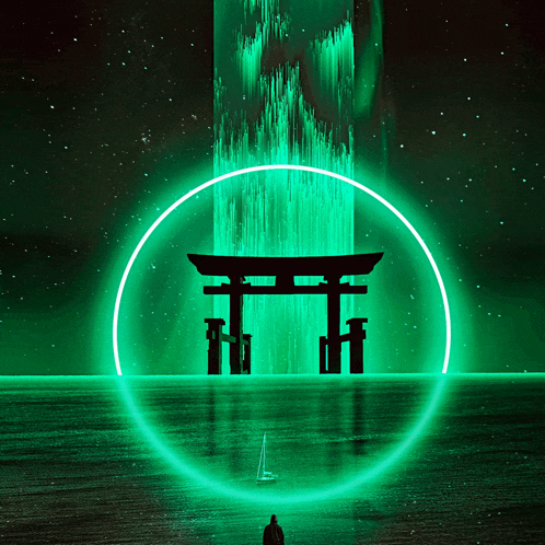 a man stands in front of a torii gate that is lit up in green