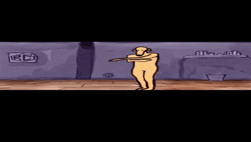 a cartoon character is laying on the floor with a rc logo on the wall behind him