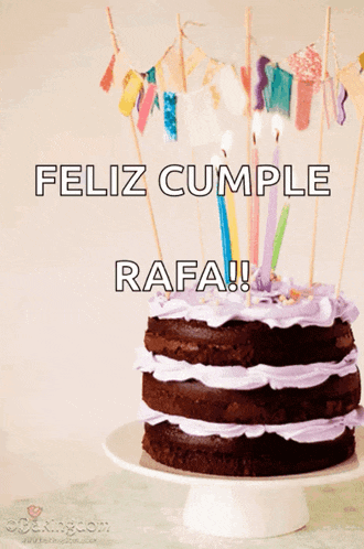 a chocolate cake with purple frosting and candles that say feliz cumple rafa