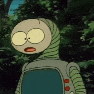 a cartoon character with big yellow eyes is standing in a forest