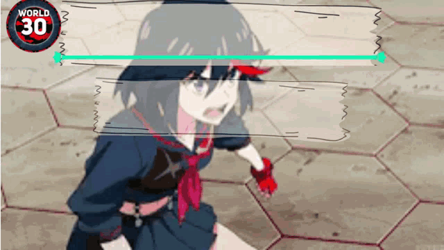 a girl in a school uniform is standing in front of a world 30 sign