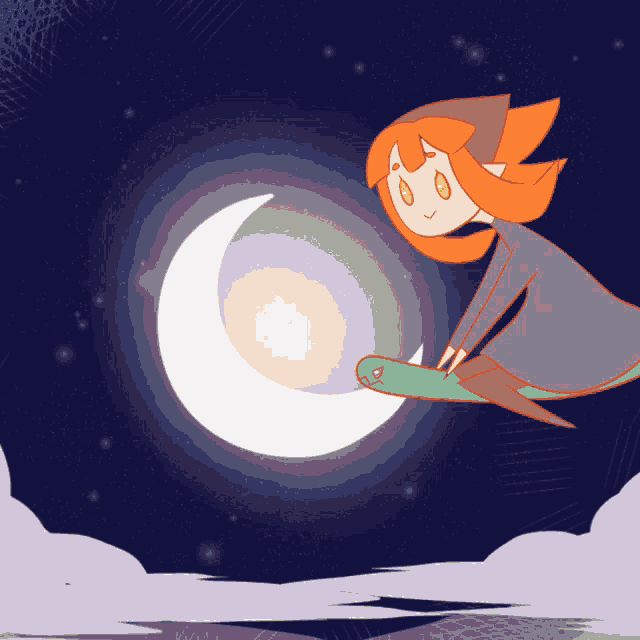a cartoon illustration of a witch riding a crescent moon