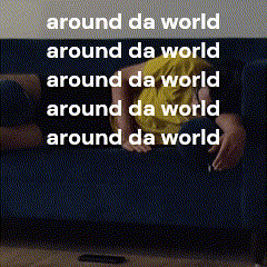 a person laying on a blue couch with the words around da world written above them