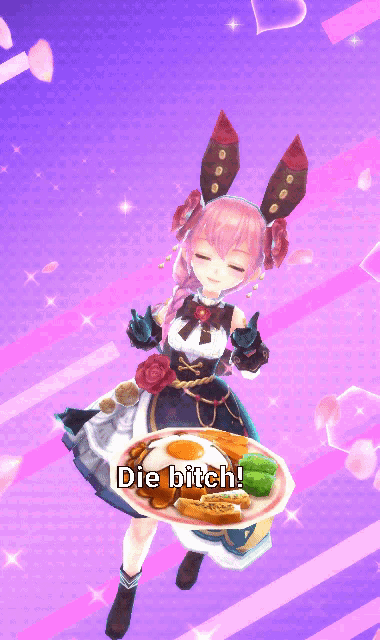 a girl holding a plate of food with the words die bitch written on it