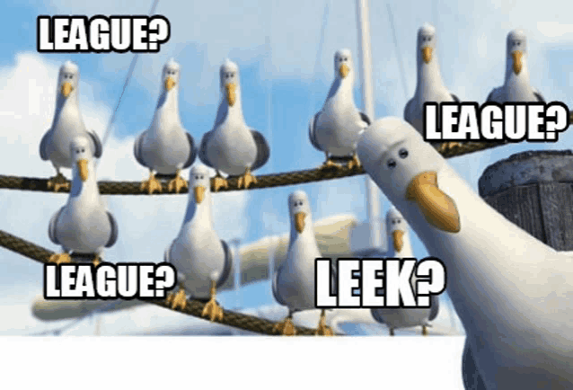 a group of seagulls sitting on a wire with the words league league and leek written on them