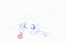 a drawing of a white cat holding an orange apple