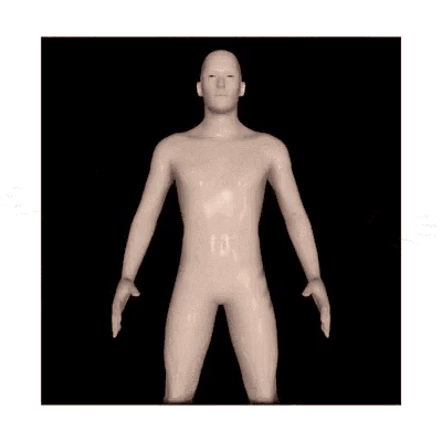 a 3d model of a naked man with his arms outstretched is sitting on a black surface .