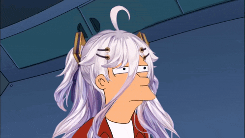 a cartoon character with long white hair and a ponytail