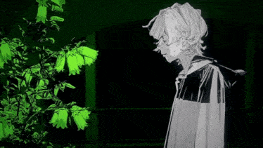 a black and white drawing of a woman standing in front of a plant with green leaves .