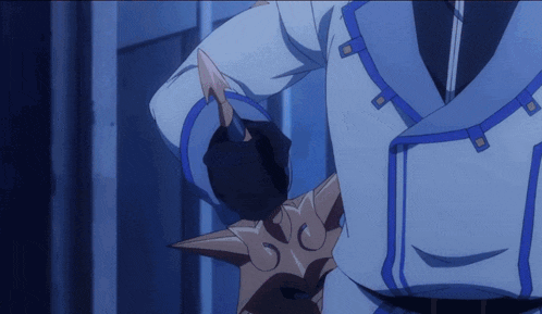 a man in a blue suit is holding a sword in his hand