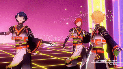 three anime characters are dancing in front of a sign that says switch