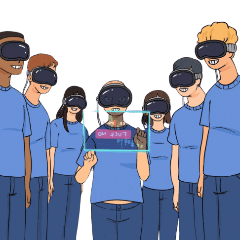 a group of people wearing virtual reality headsets with one wearing a shirt that says lancer on it