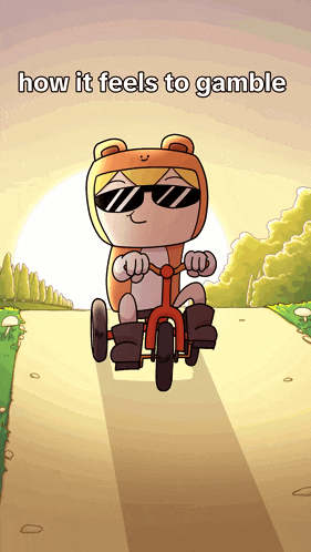 a cartoon of a person riding a tricycle with the words how it feels to gamble above them