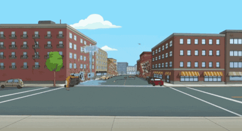 a cartoon drawing of a city street with a red car driving down it
