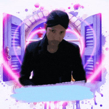 a painting of a man sitting in front of a window with pink shutters