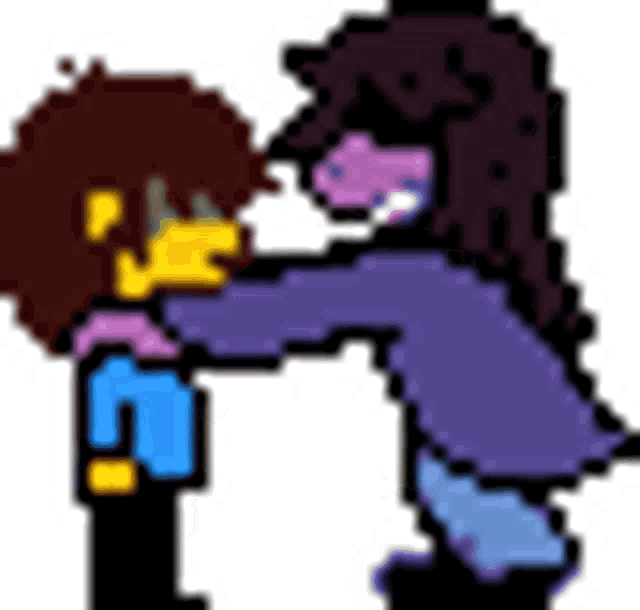 a pixel art drawing of a woman holding a boy in her arms .