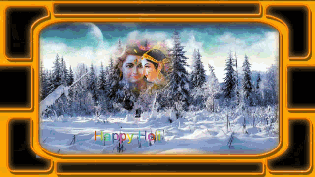 a picture of a snowy forest with the words happy holi written on it
