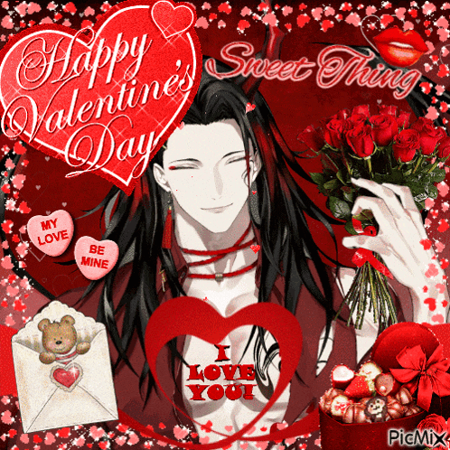 a valentine 's day card with a man holding a bouquet of red roses