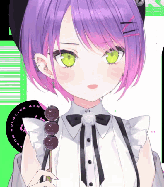 a girl with purple hair and green eyes is holding a stick of berries