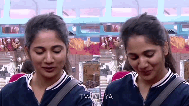 two women are standing next to each other with their eyes closed and the word twinlya on the bottom