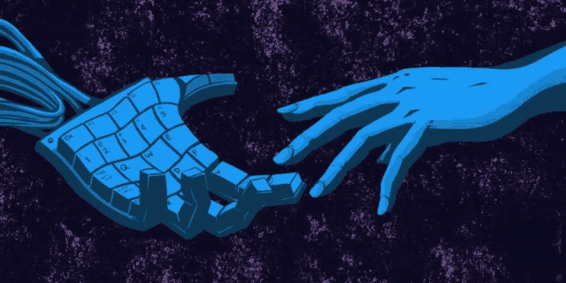 a drawing of two hands reaching for each other with a keyboard in the foreground and a purple background