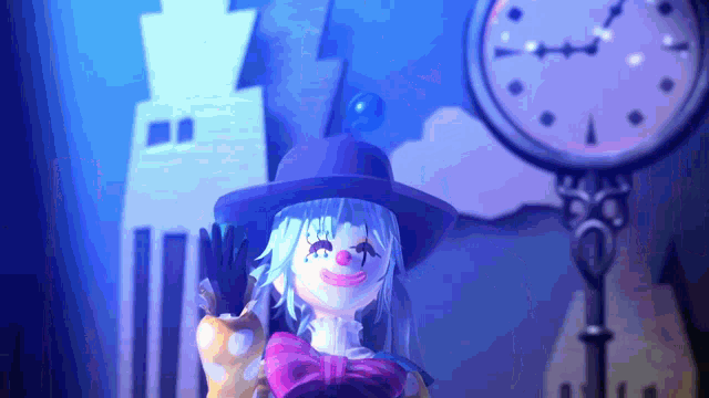 a clown is standing in front of a clock that shows the time as 1:15