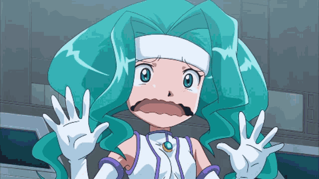a cartoon girl with blue hair and white gloves is making a funny face