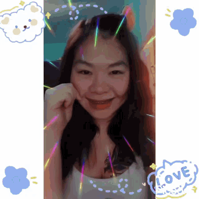 a woman 's face is surrounded by a love sticker