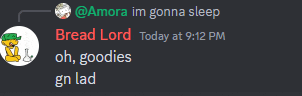 a screenshot of a discord conversation between amora and bread lord at 9:12 pm