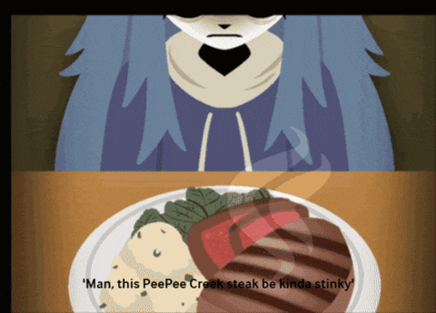 a cartoon of a man looking at a plate of food with the words man this peepee creek steak