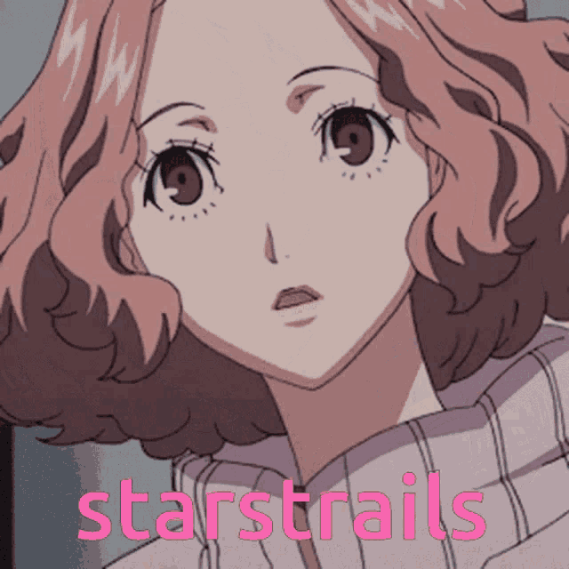 a picture of a girl with the words starstrails written in pink
