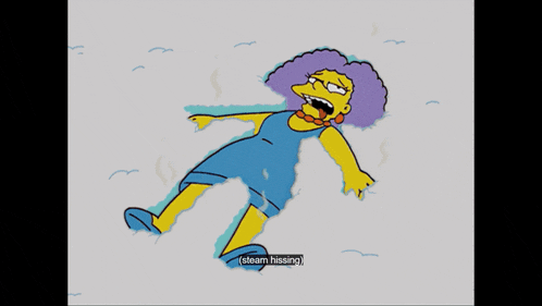 a cartoon of a woman with purple hair is laying down and says steam hissing