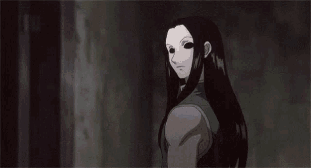 a woman with black eyes and long hair is holding a sword .