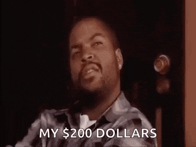 two men are standing next to each other and one of them is talking about money .
